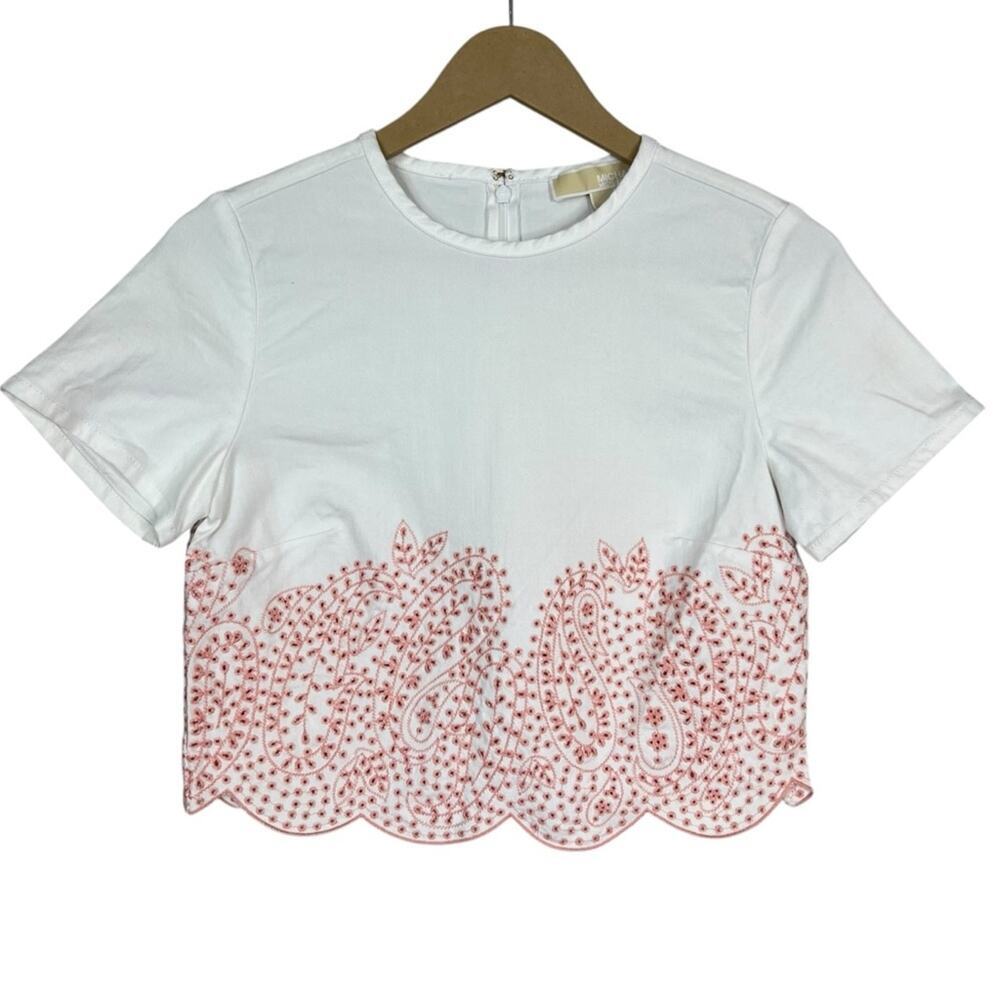 Michael Michael Kors Crop White Eyelet Scallop Hem Short Sleeve Top Size XXS EUC